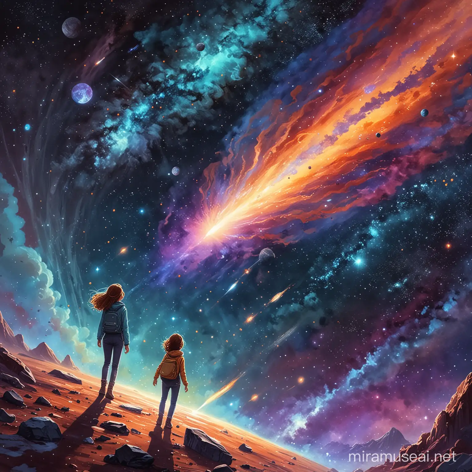 Create an illustration depicting Stella, Comet, and Nebula embarking on their cosmic journey through the universe. Show them soaring among colorful nebulae, navigating through asteroid fields, and gazing in wonder at distant galaxies. Capture the sense of adventure, friendship, and wonder described in the story