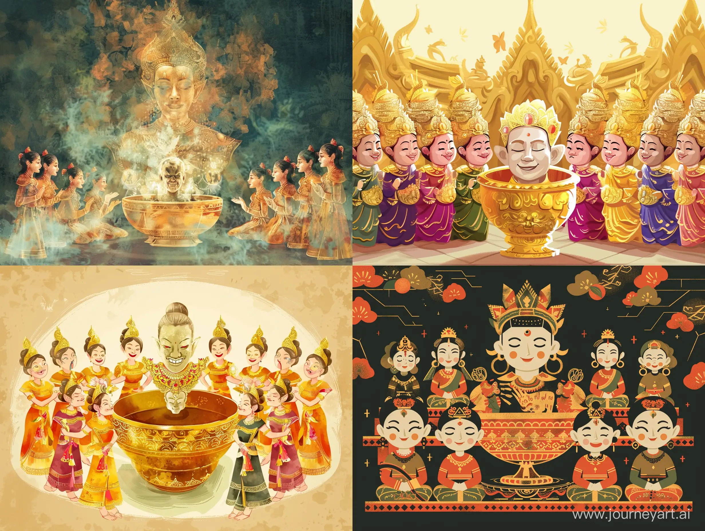 Enchanting-Depiction-of-12-Thai-Princesses-Surrounding-a-Gold-Bowl-with-the-Head-of-the-Thai-King-Fairytale-Illustration