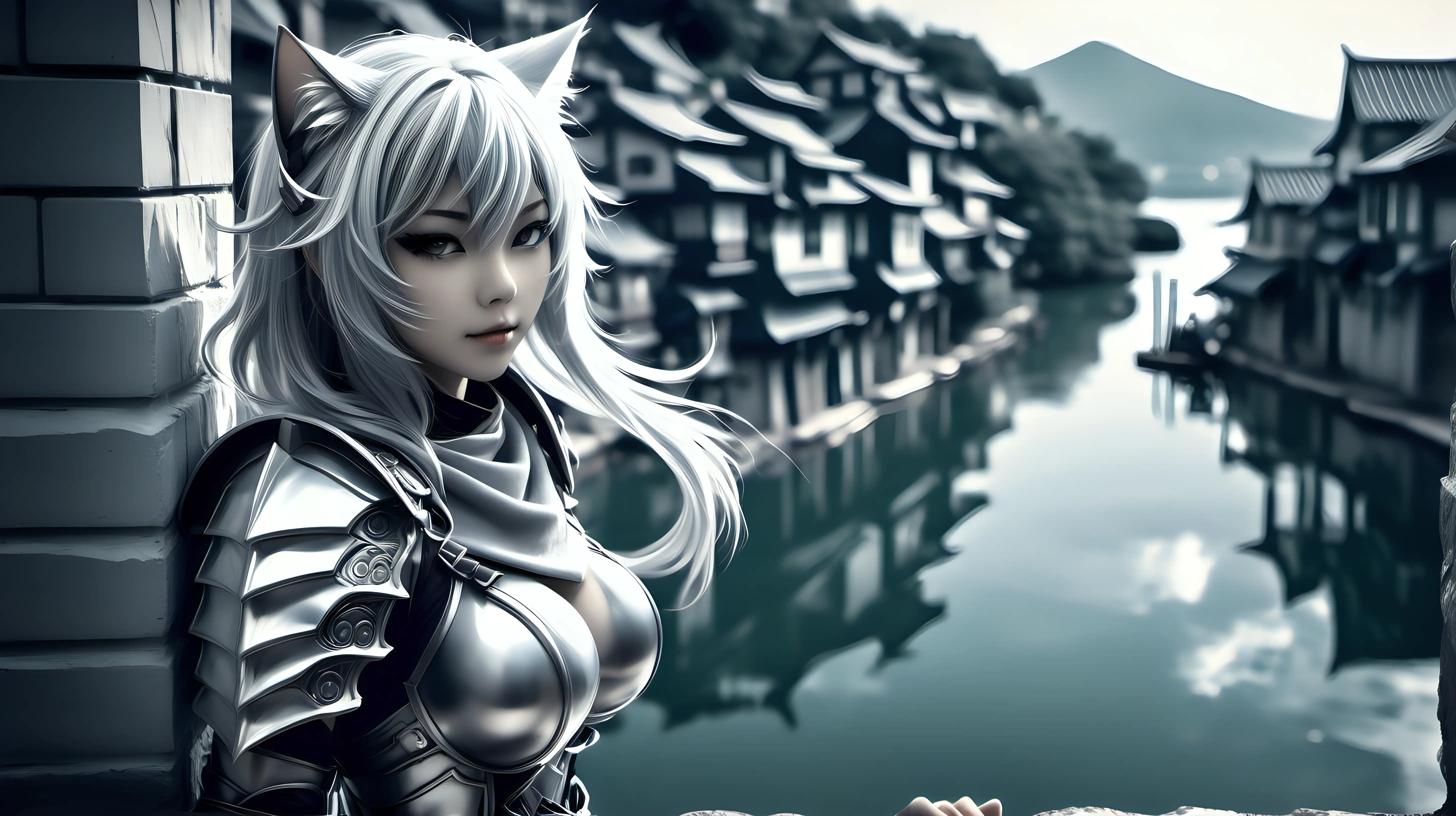 Beautiful silver haired nekomimi woman wearing lite armor in a fantasy city with a lake running through it, fantasy world environment, leaning on wall, black and white , high detail, anime