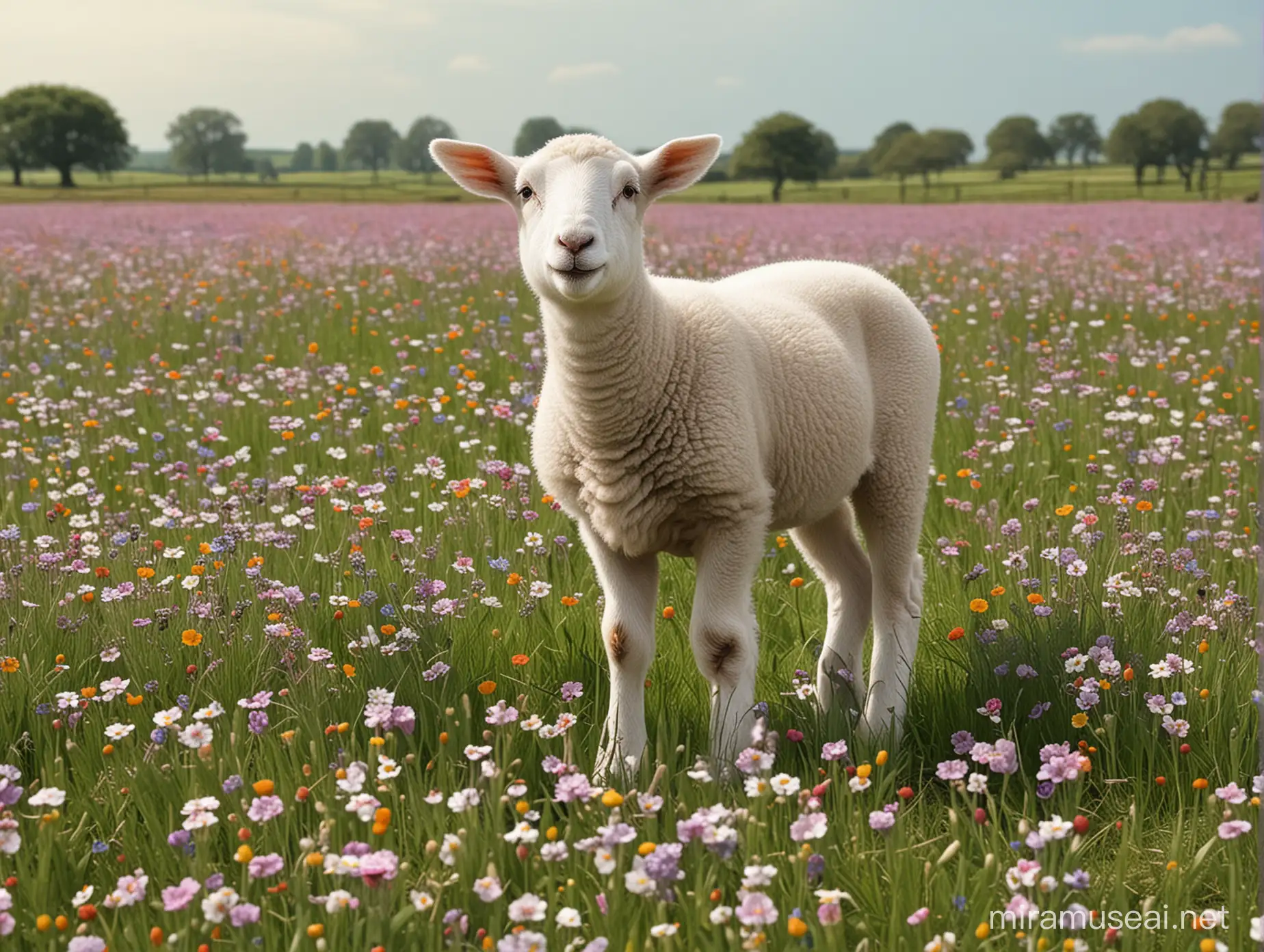 Spring Meadow Playful Lambs Frolicking Among Vibrant Wildflowers