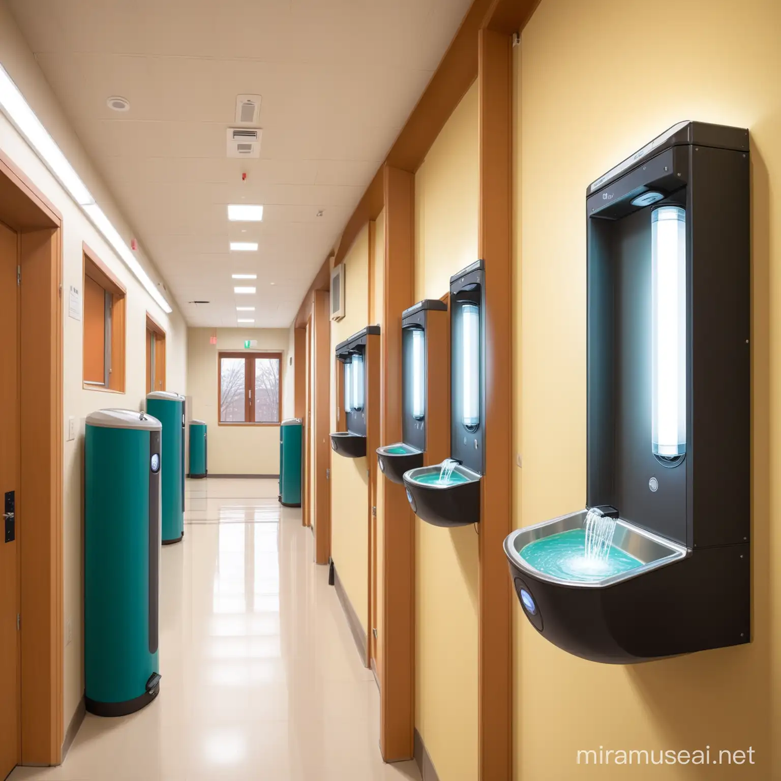  light sensors in dorm halls for sustainability, water fountains  in college,