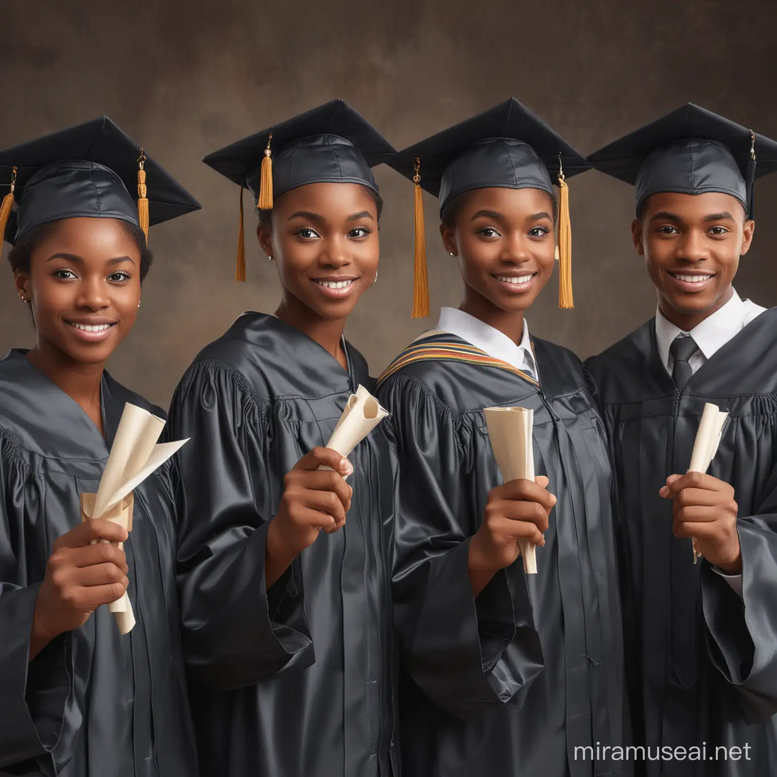 Highly detailed and hyper realistic image of a group of African American high school graduates with normal eyes and hands wearing caps and gowns and holding diplomas in their hands