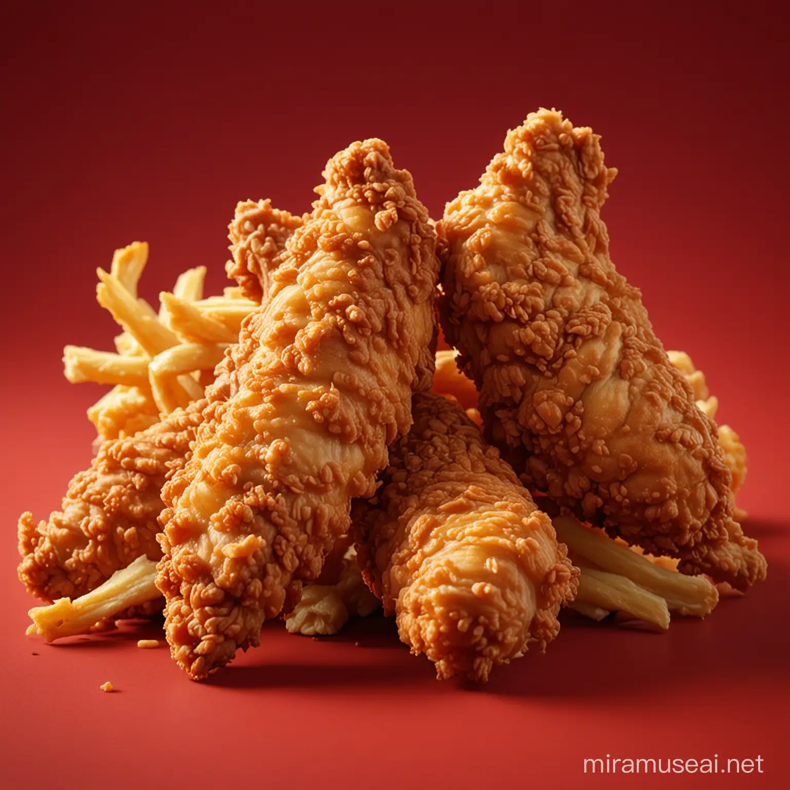 ultra realistic fried chicken tender, in cinematic lighting on a red background