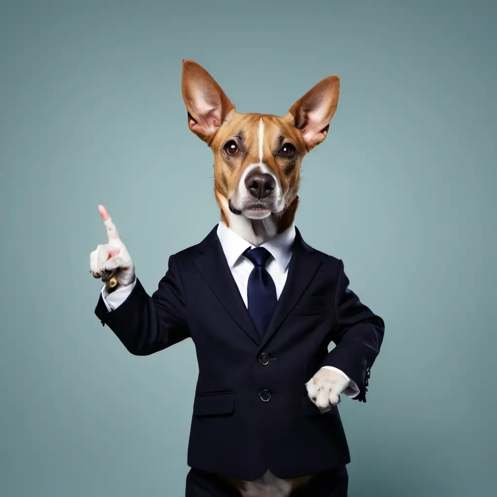 dog in a suit pointing down
