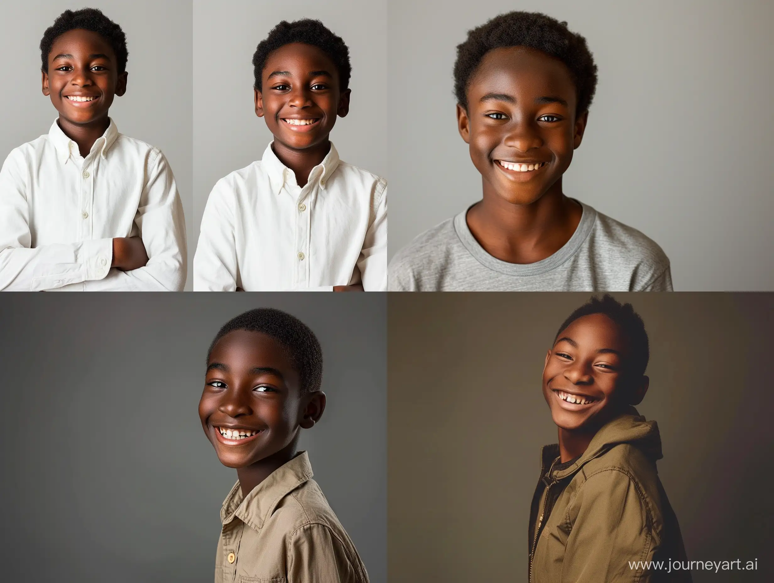 Generate a photorealistic, inspiring and relatable image of a smiling 14-year-old black dark skinned wealthy teenage boy from the waist up who exudes confidence and approachability. This will be the brand image for a mentorship organization that aims to empower teenagers. Use natural lighting, beautiful clothing styles, and authentic facial expressions to create a compelling image that resonates with the target audience. The image should look like it was taken by a canon 6d mk II 105mm lens
