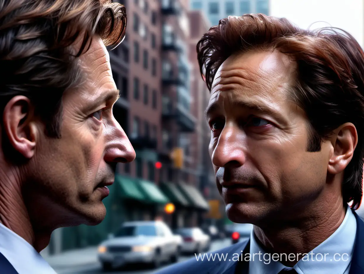 The background of the city. Fox Mulder (David Duchovny) comes face to face with Spider-Man/By Peter Parker (Tom Holland) close-up, cinema, realistic, ultra detailed, 8k, quality improvement