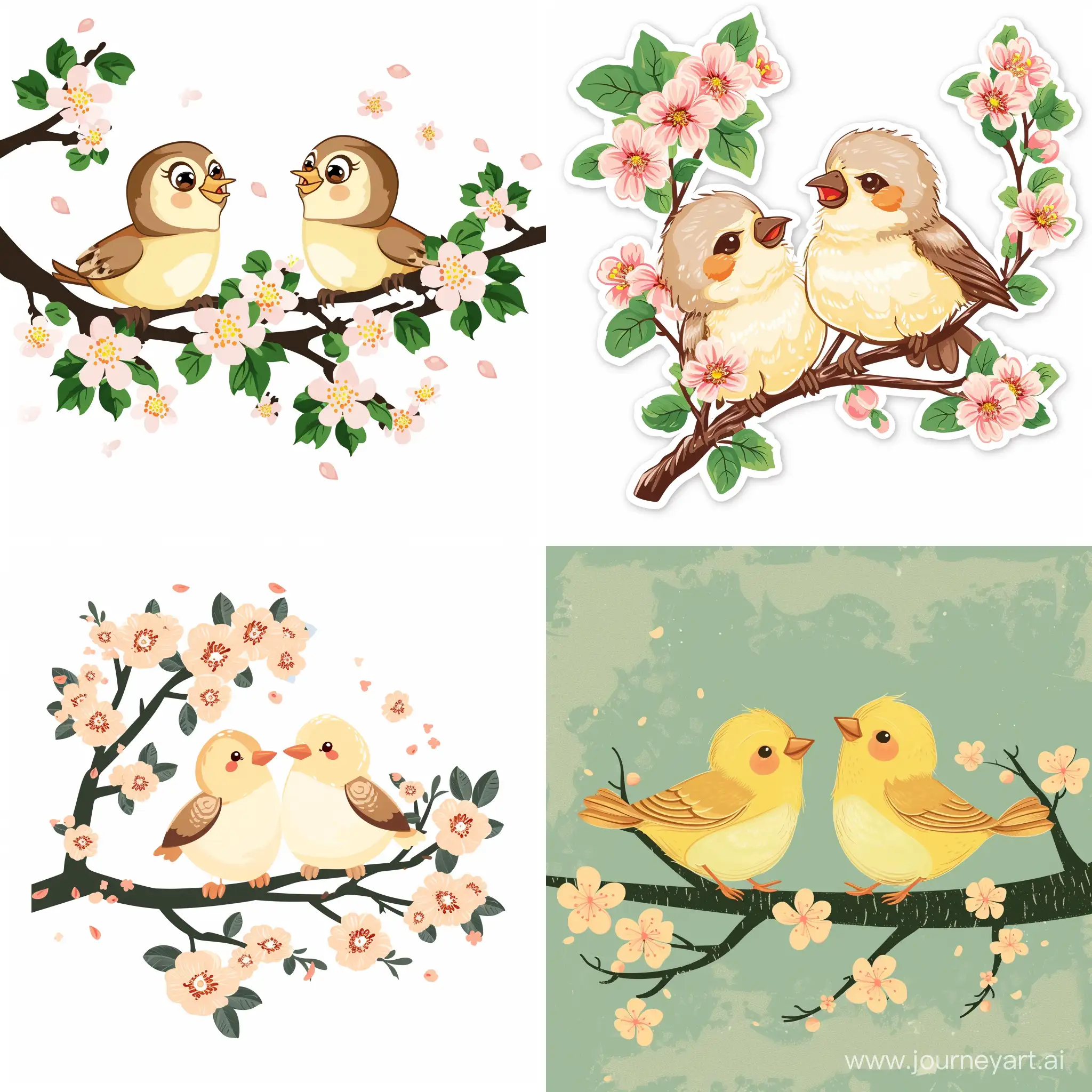two сгеу small fat birds sitting on a branch of a flowering tree, cartoon sticker, in vector style