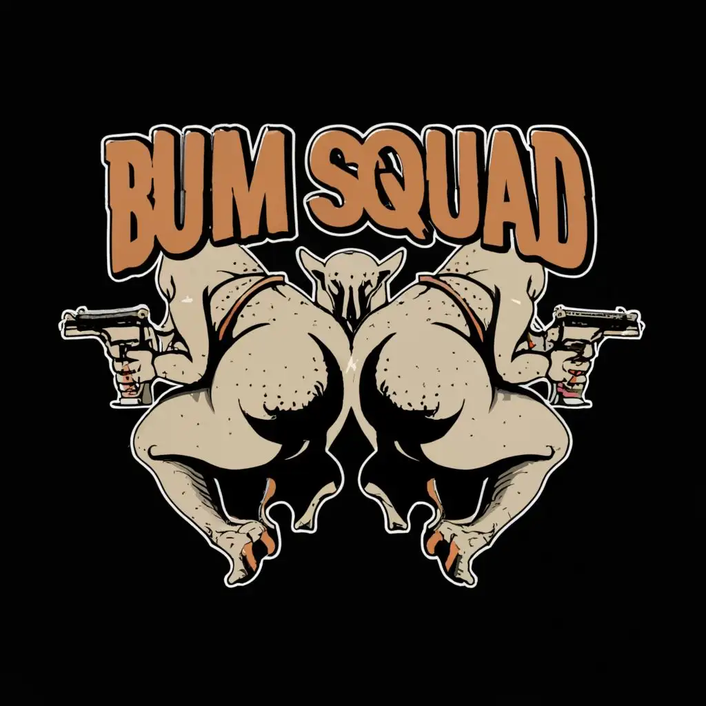 logo, bums and guns, with the text "BUM SQUAD", typography