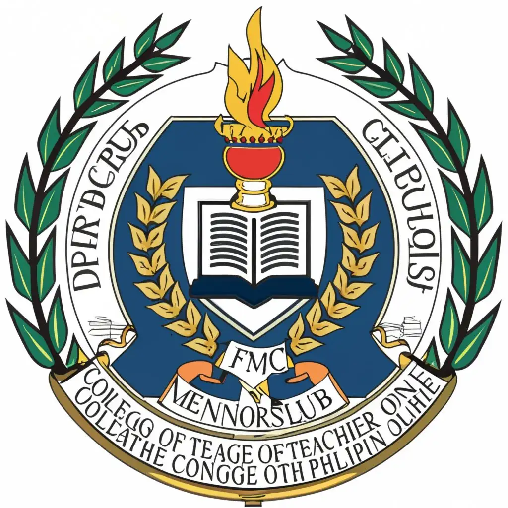 logo, Lighted torch, open book, ribbon, unique shield, and laurel leaf, with the text "Future Mentors Club in the middle of shield. FMC in the center. College of Teacher Education in the corner. King's College of the Philippines Bambang Inc. In the corner of the shield. 2023-2024 in the center of the logo.", typography, be used in Education industry