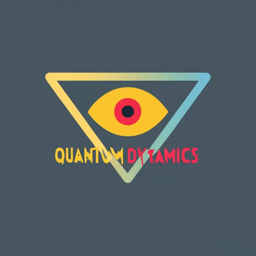 logo, A bright yellow eye with a dark red pupil in a perfect blue triangle., with the text "Quantum Dynamics", typography, be used in Technology industry