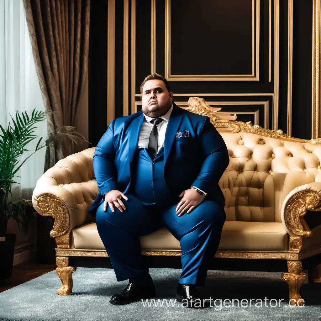 супер богатый толстый мужчина в костюме который сидит в роскошном доме