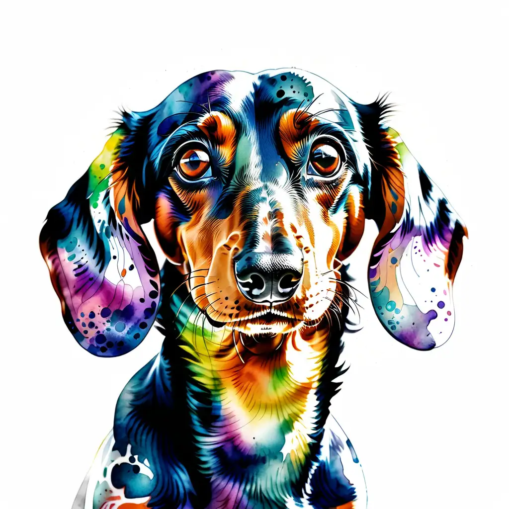psychedelic image of a multicolored Daschund aquarell stylle muted colors withwhite background
