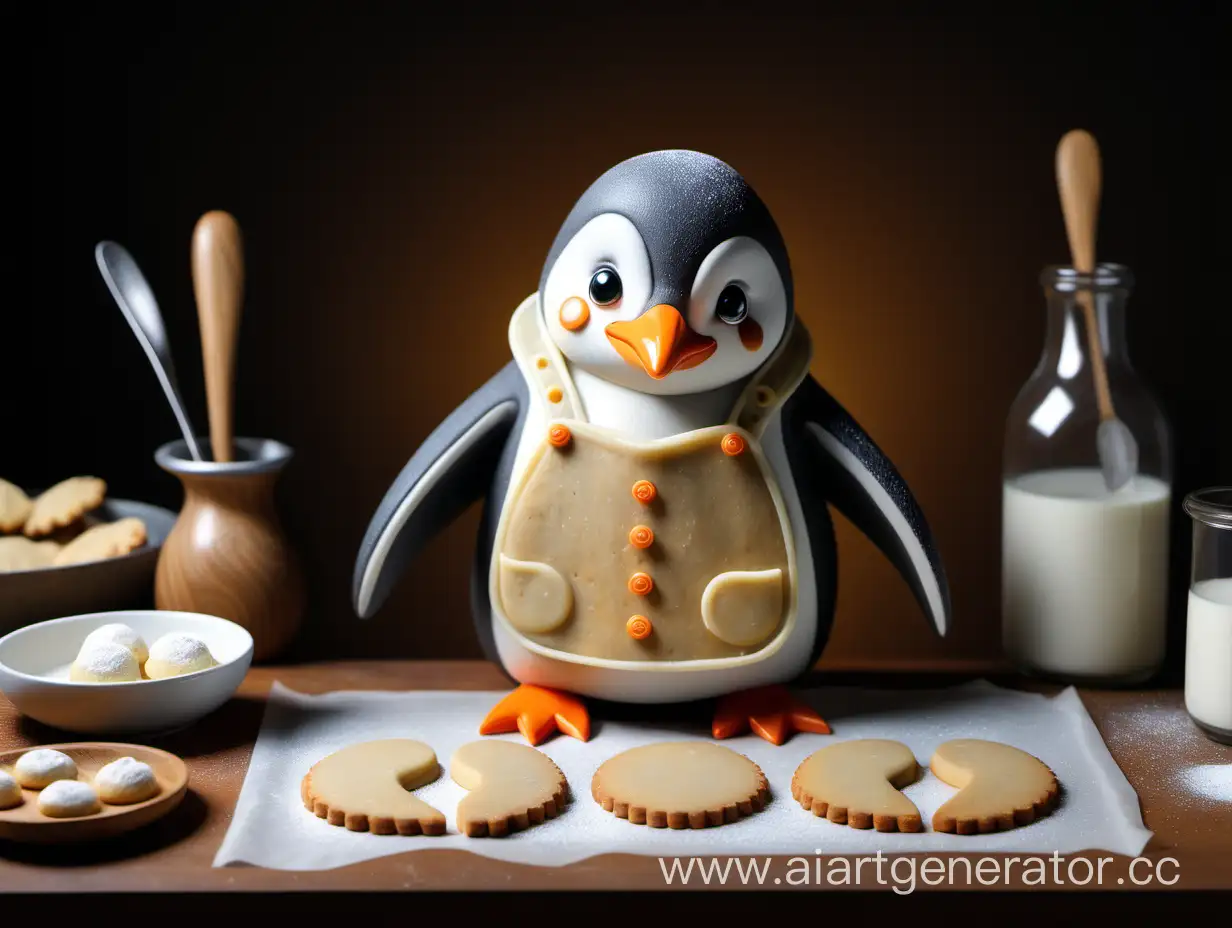ein süßer kleiner Pinguin beim Kekse backen im Stil von Leonardo da Vinci