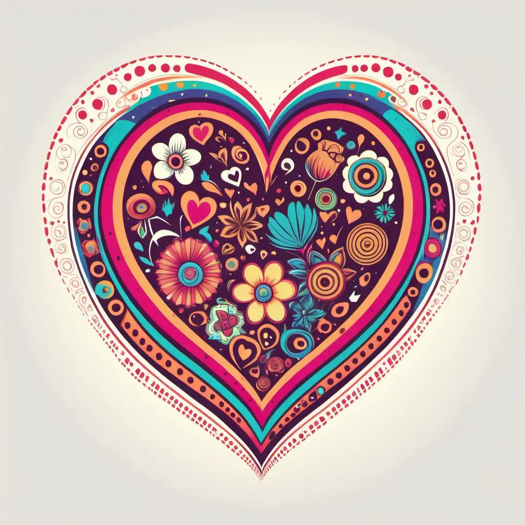 Retro Valentine Heart Tshirt Design with Flowers and Psychedelic Patterns