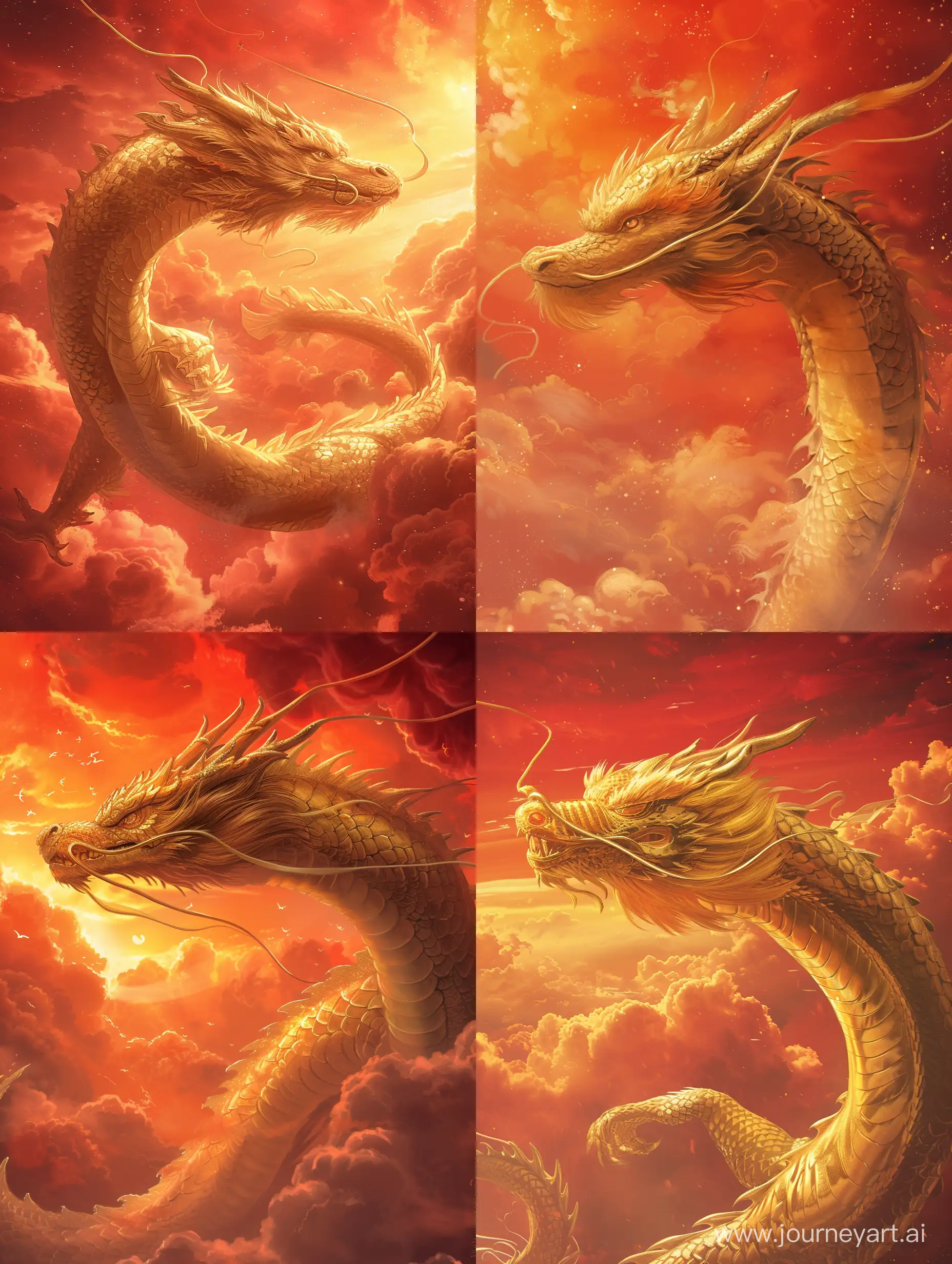 A golden dragon soars into the sky, piercing through the clouds, facing the heavens. The distinct scales and mane on the dragon reveal its majestic and heroic presence. The sky is a brilliant red, adorned with auspicious clouds, carrying a festive atmosphere. The mighty dragon ascends, embodying strength, wisdom, and good fortune. --v 6 --ar 3:4 --no 85123