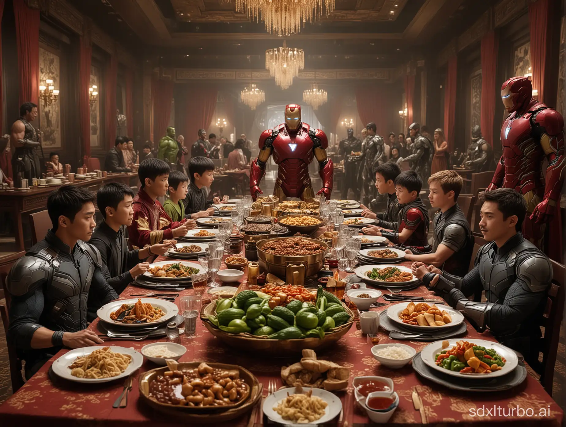 A young boy, Iron Man, Batman, Thor, Hulk, Flash, enjoying a full Chinese banquet together, movie special effects, ultra-high details, masterpiece