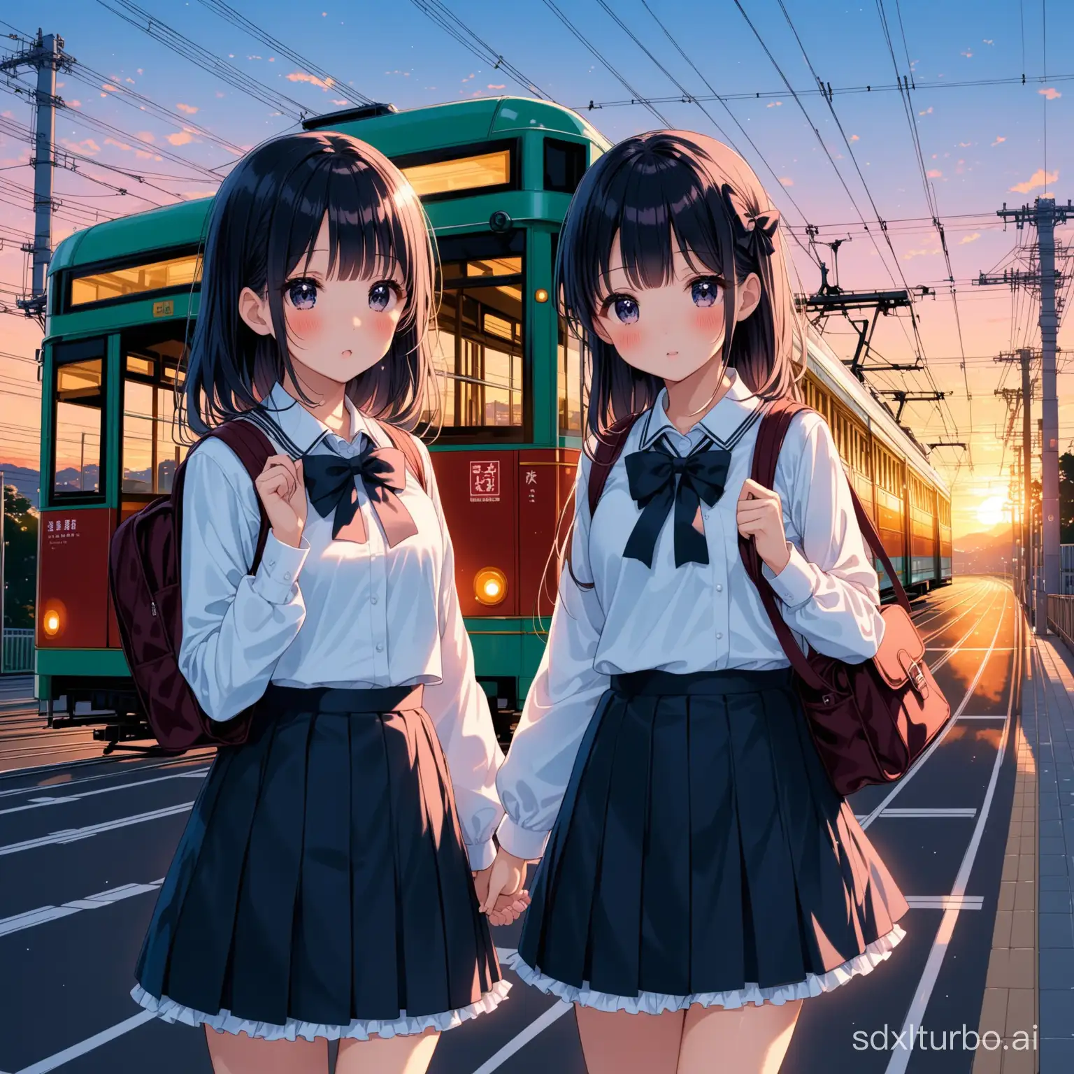 日本 街道 黄昏 电车 唯美 校服 萝莉 百合 小学生 两人