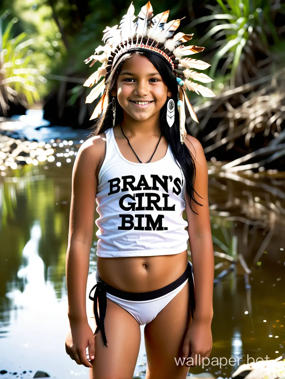 14 year old Native American girl with black hair and brown eyes, wearing a headdress, a white tank top that says "Brian's girl," and black bikini bottoms, standing by a creek and smiling.
