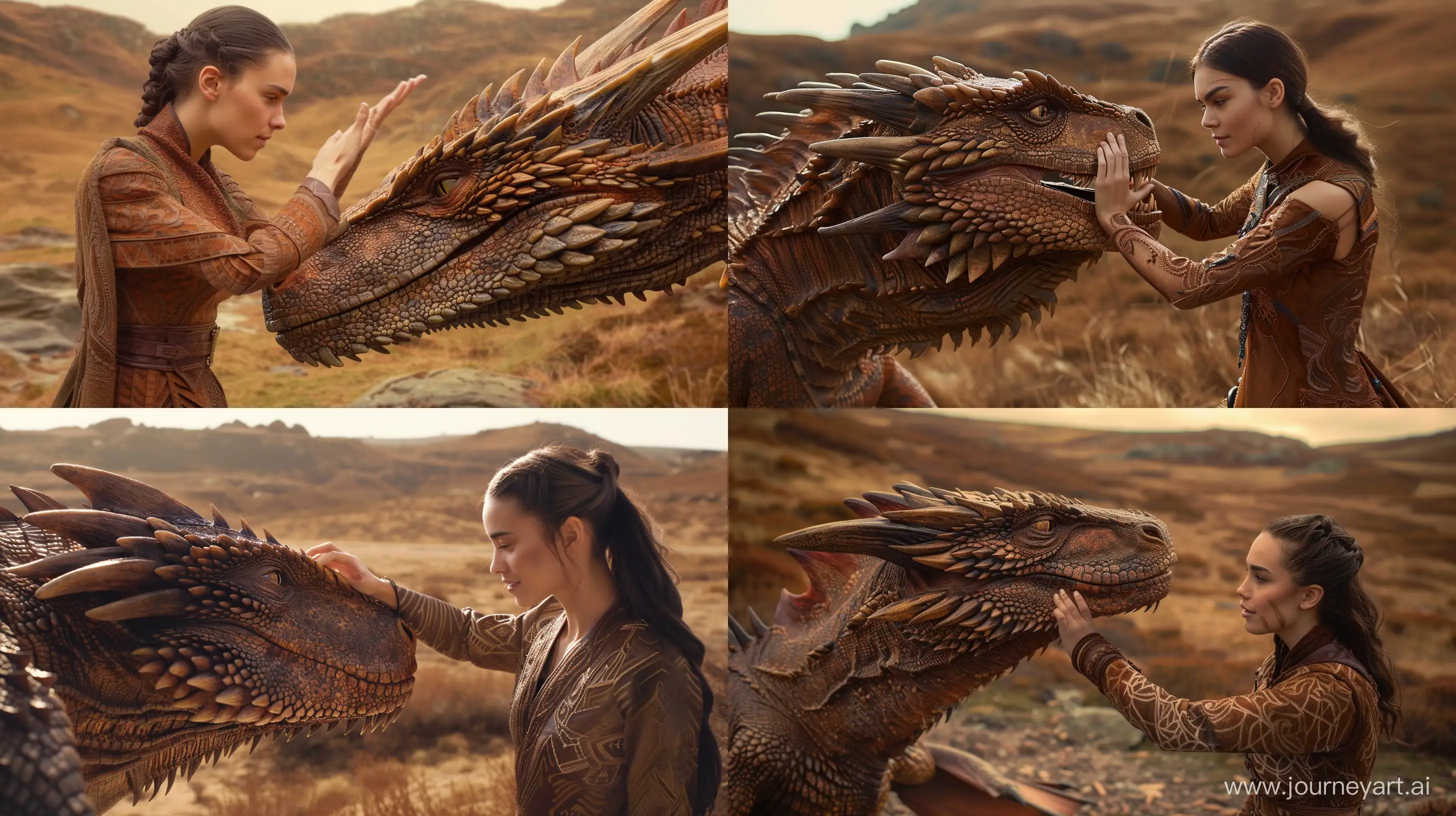 a young woman in brown clothes, with intricate designs, petting a large brown dragon in the head, brown hills in the back ground, full length shot, hyperrealistic 
--ar 16:9