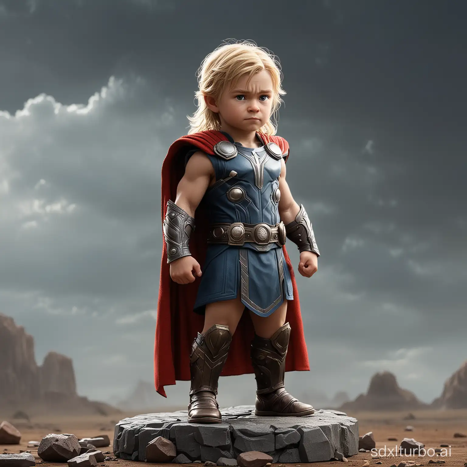 Little child Thor God of Thunder, game character, stands at full height