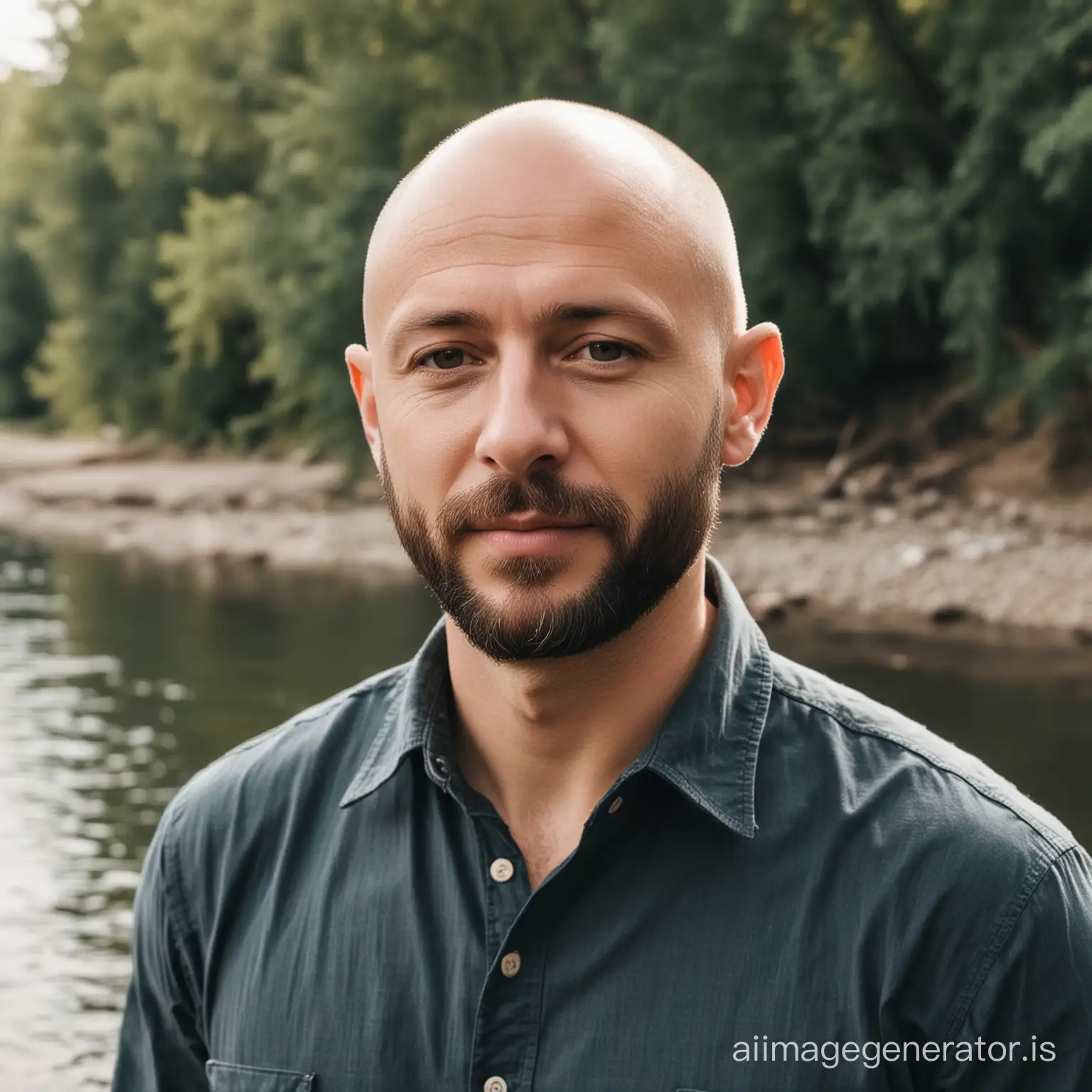 Bald man with short beard standing by the river