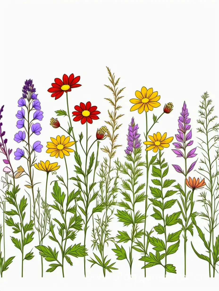 a colorful wildflowers lines art, simple, herbs, Unique floral, botanical ,grow in clusters, 4K, high quality, white background, 