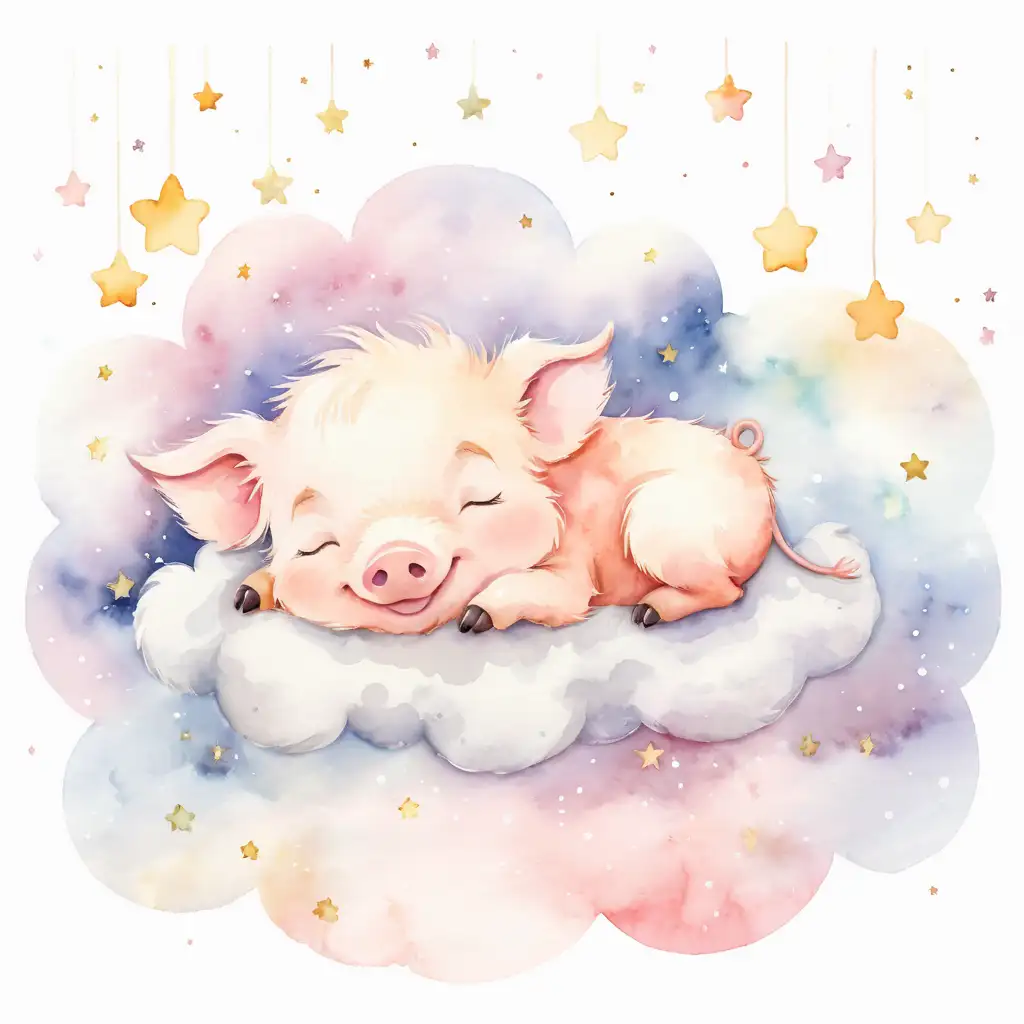 using the same style from the attached, make an image of a piglet sleeping on a fluffy cloud on a starry sky, with overall image being in warm pastel tones and watercolor style. also keep the piglet color tones close to real life colors 