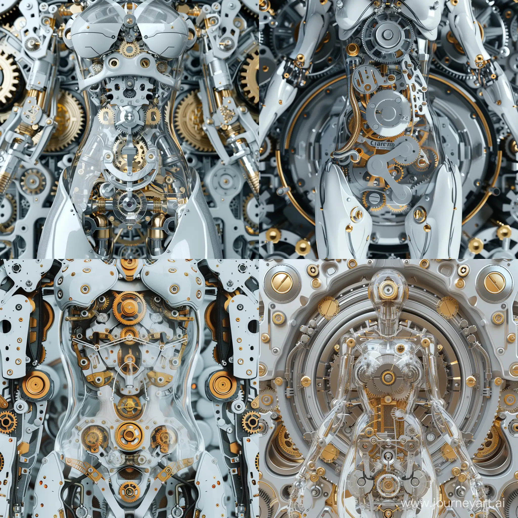 Background with gears, electronics and mini clocks. In the middle, a female android robot with beautiful feminine shapes clearly stands out. We see it from 3/4 sides up to the buttocks. his body is entirely transparent.  we see in great detail an entire clockwork movement, a whole set of gears, toothed wheels, an entire ultra-detailed miniaturized mechanism in silver and gold color. futuristic style, bright, photo, hdr