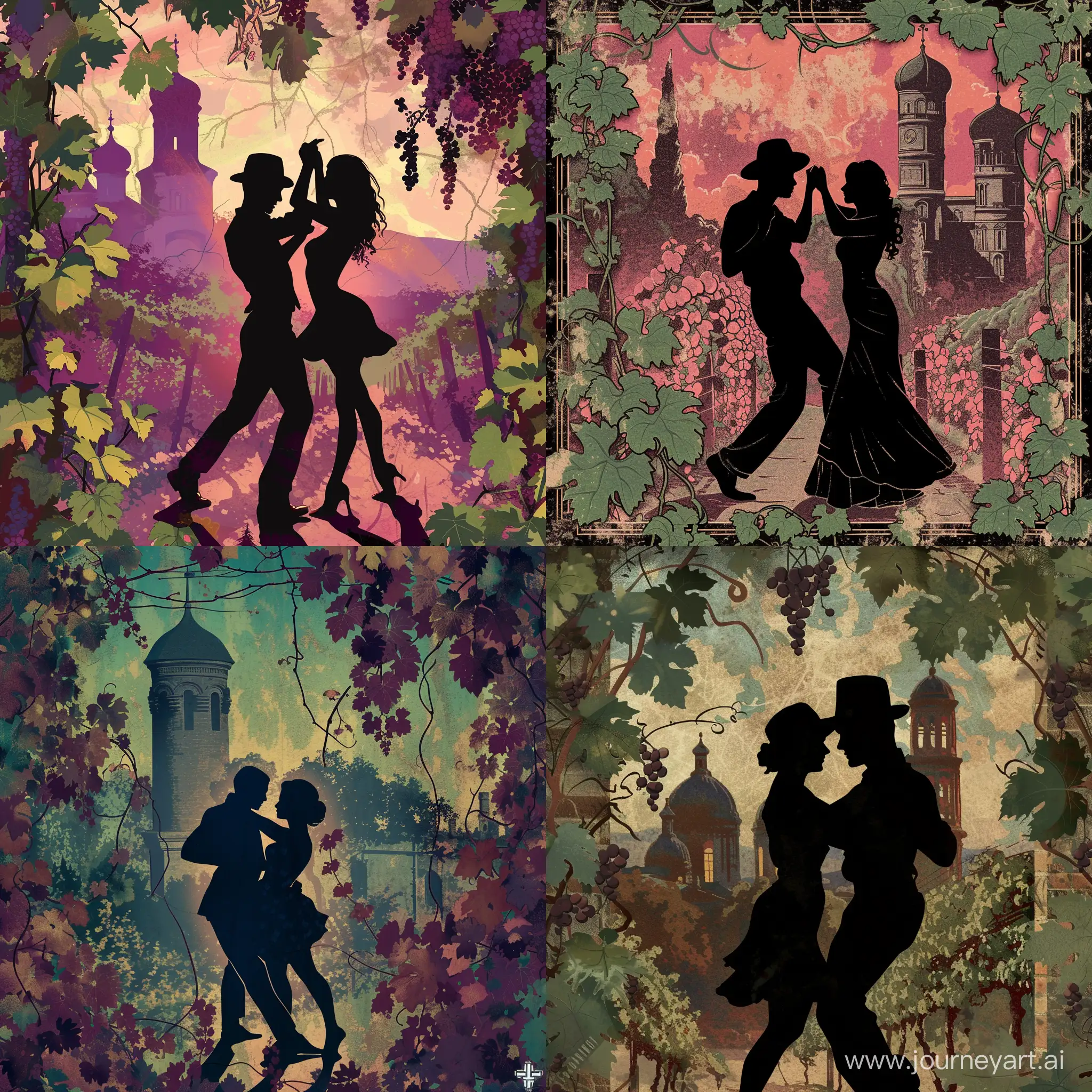 тень пары, танцующей латиноамериканские танцы, на фоне виноградная лоза на фоне грузинских старинных башен в стиле обложки альбомов Tyler The Creator