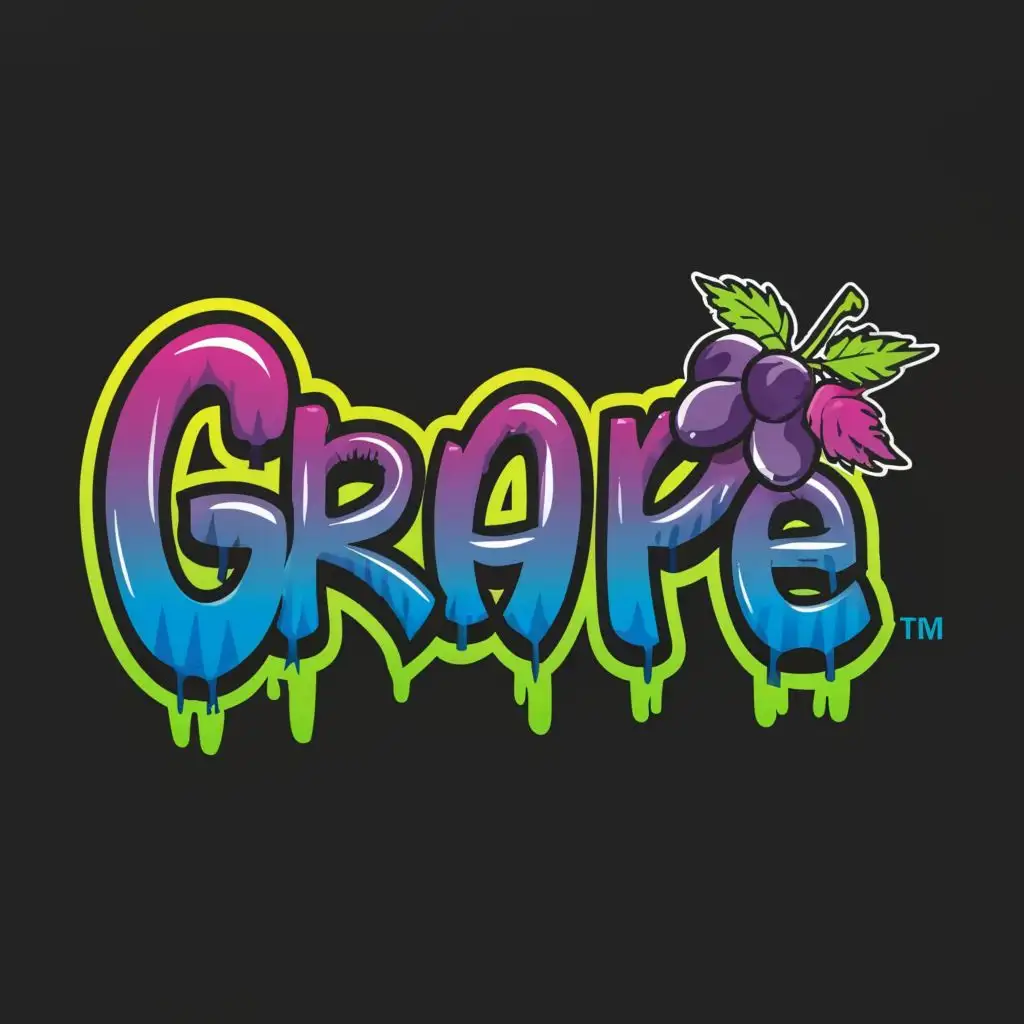 logo, Jolly rancher cartoonish grape font with stoned look with THC high look on it for gummies, with the text "Grape", typography, bright suitable for purple background be used in Medical Dental industry