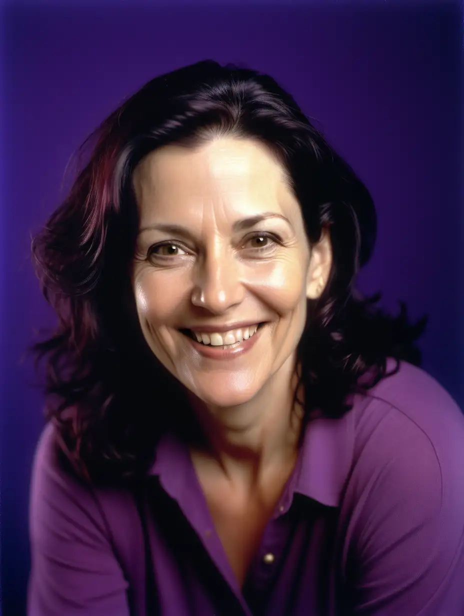 Radiant Woman in Purple Stunning 40s DarkHaired Beauty Captured in Realistic Kodak Gold 400 Imagery