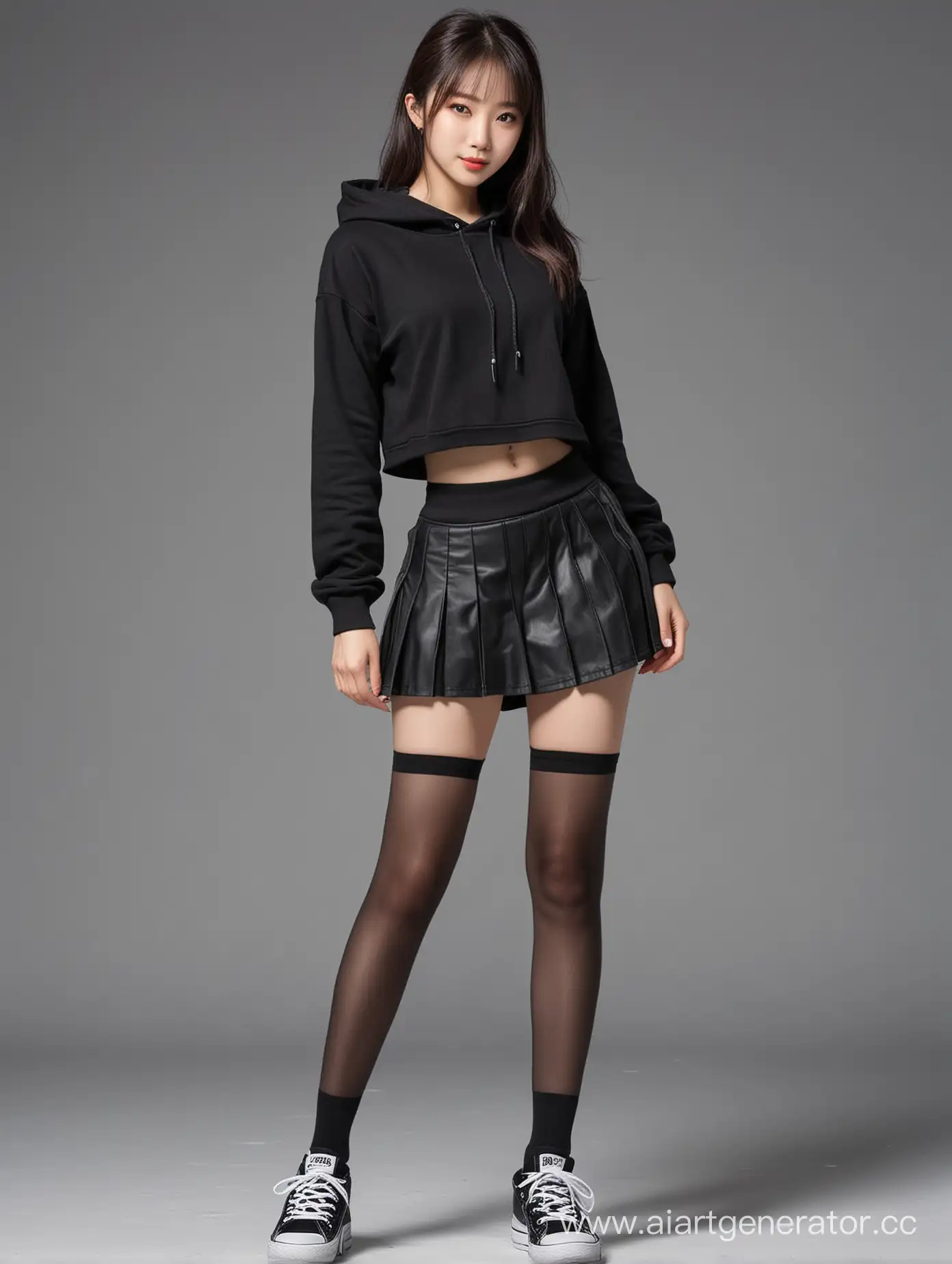Energetic-East-Asian-Girl-in-Black-Stockings-Hoodie-Skirt-and-Sneakers