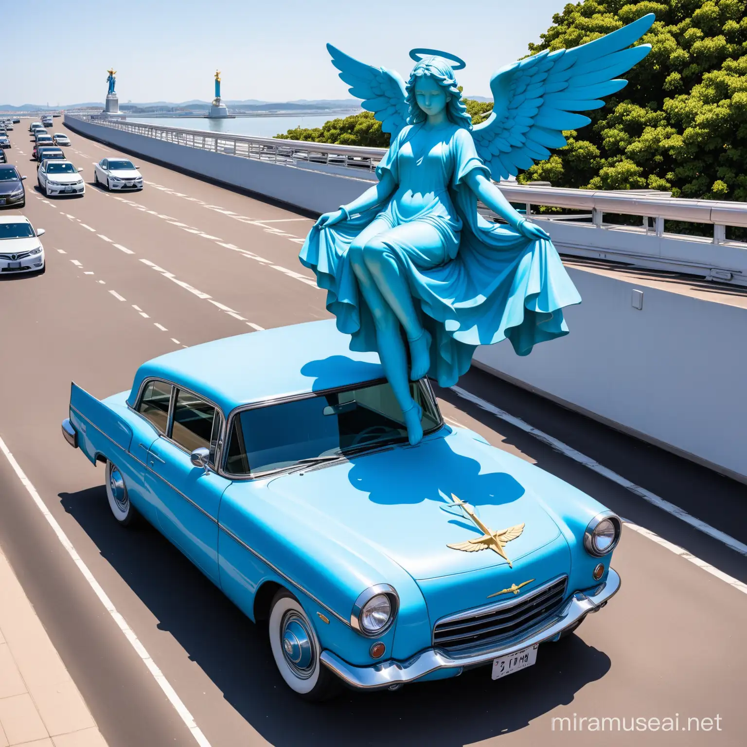 blue angel statue ontop of a car
