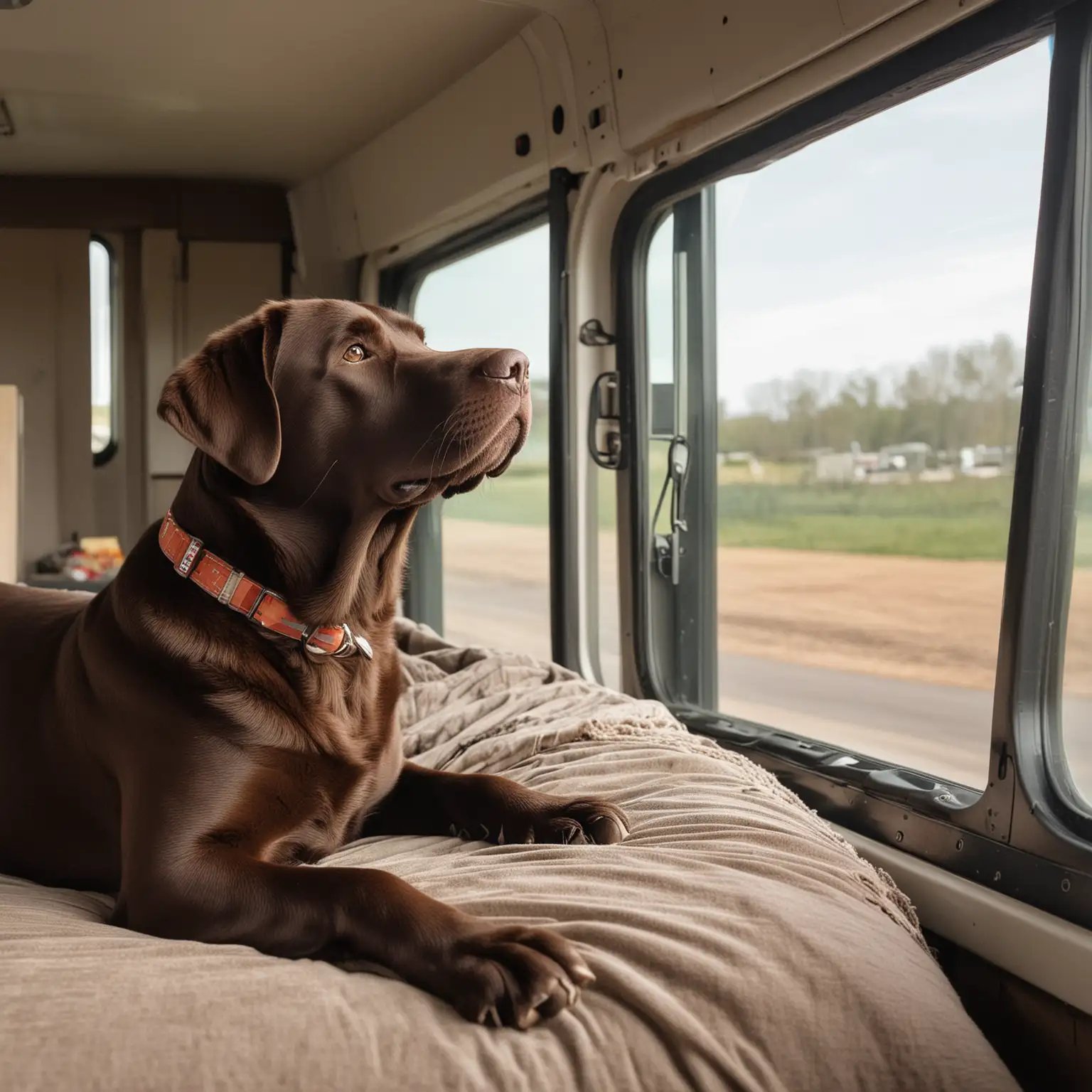 chocolate labrador retriever laying on the bed in a back if the cab of a brand new tractor trailer. Watching  his mom as she drives down the highway.