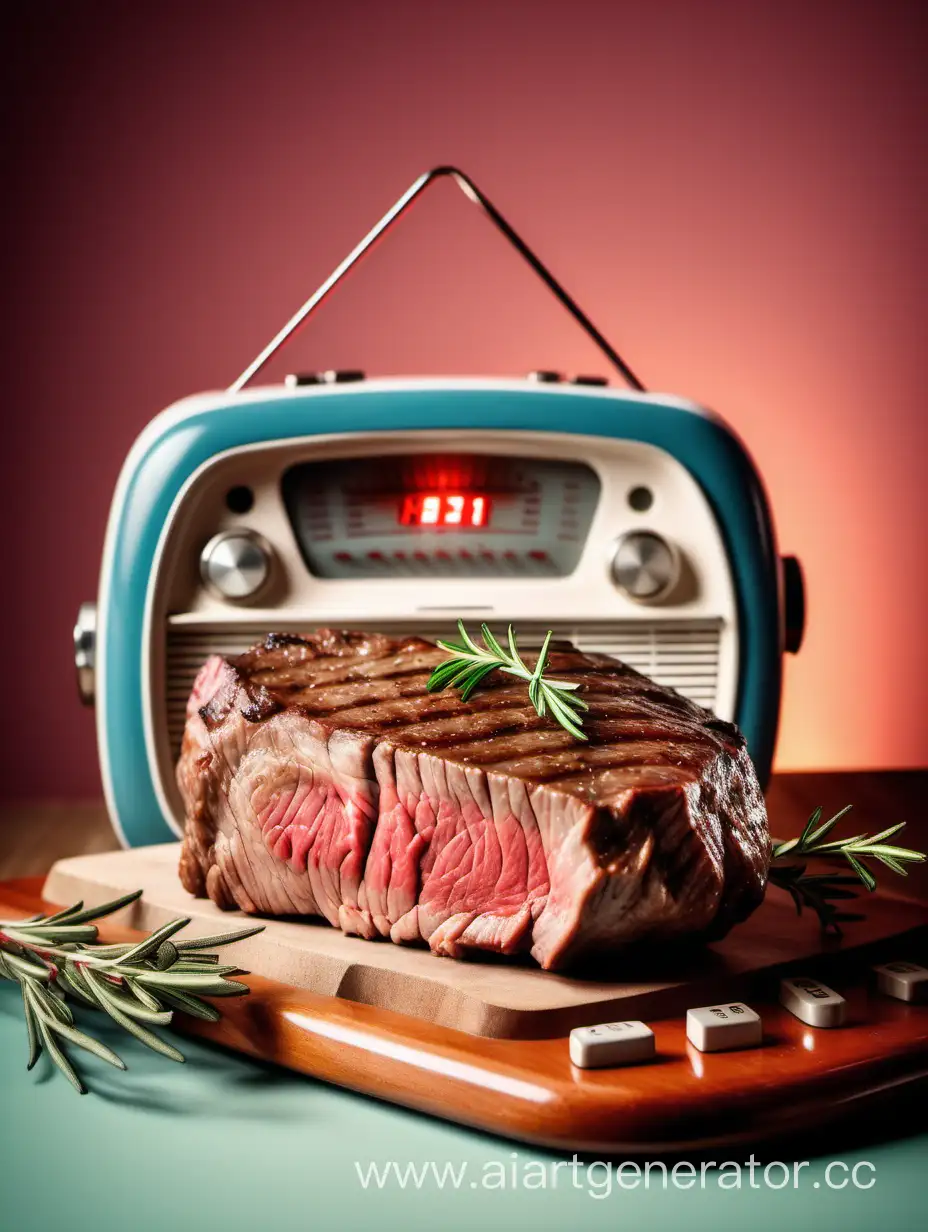Сочный жирный говяжий стейк средней прожарки с розмарином на фоне ретро радиоточки