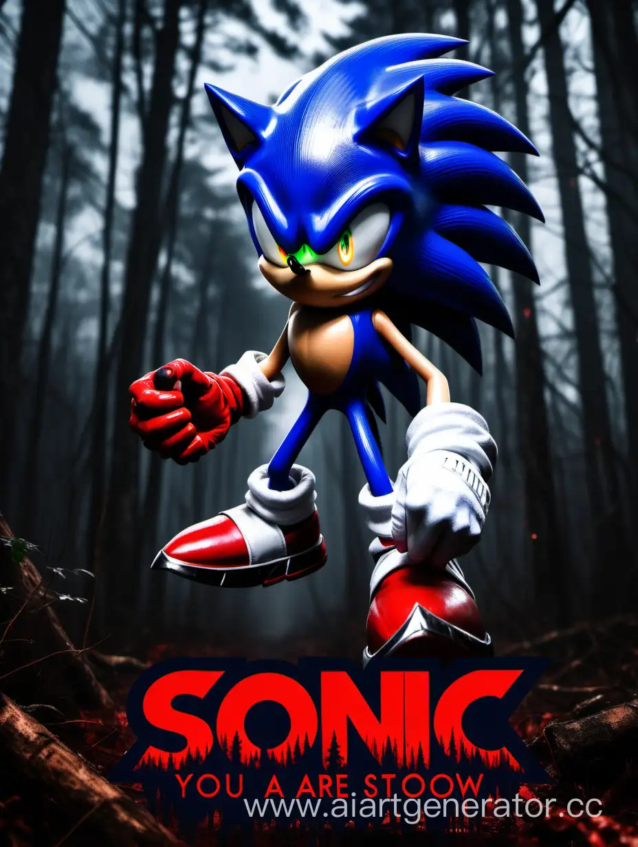 Sonic.exe With sharp black claws and sharp teeth, and black eyes with bright red pupils, The background is a dark gloomy forest, and the sky is red, Inna the image peeks out the inscription in a strong font "You are too slow"