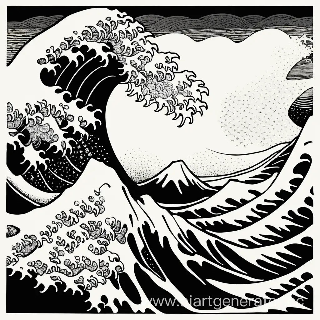 hokusai wave, linogravure style, white and black colors