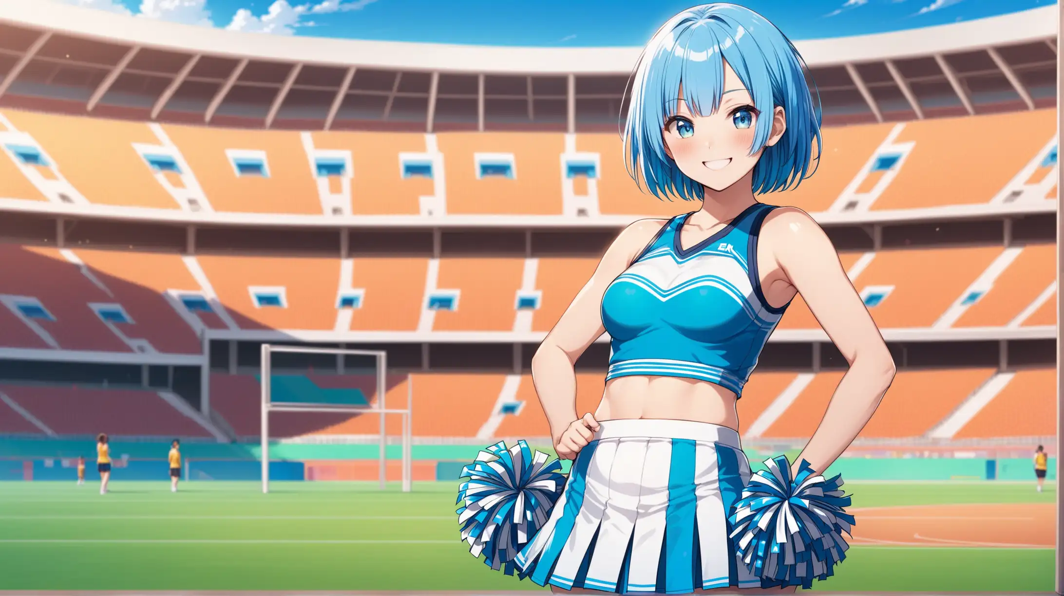 Draw the character Rem, high quality, outdoors, in a sports stadium, standing in a confident pose, wearing a cheerleading outfit, smiling at the viewer