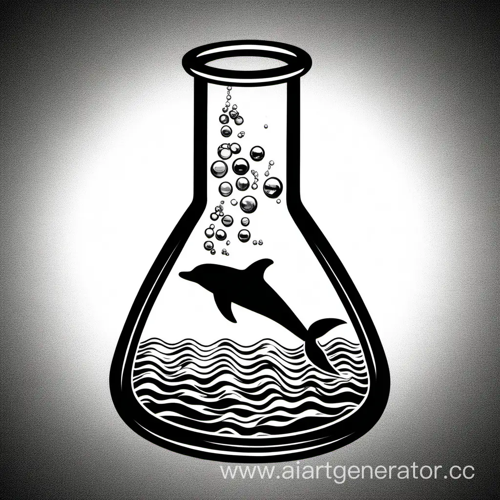 черно-белый знак колбы Эрленмейера химия с дельфином на этикетке