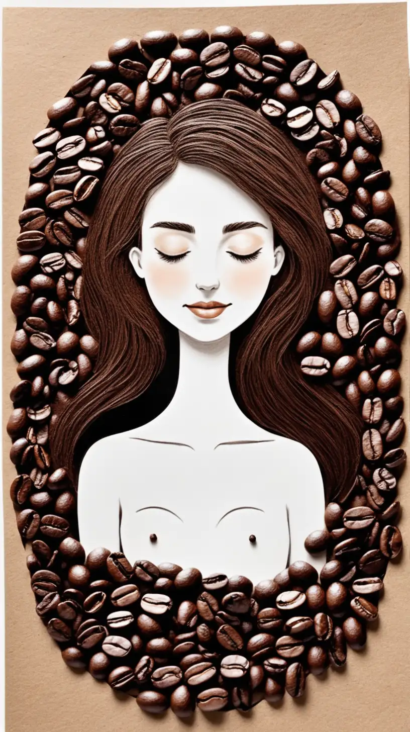 make a coffee related christmas card with woman who sleeps under coffee bean. make it as it is painted with acrilic colors