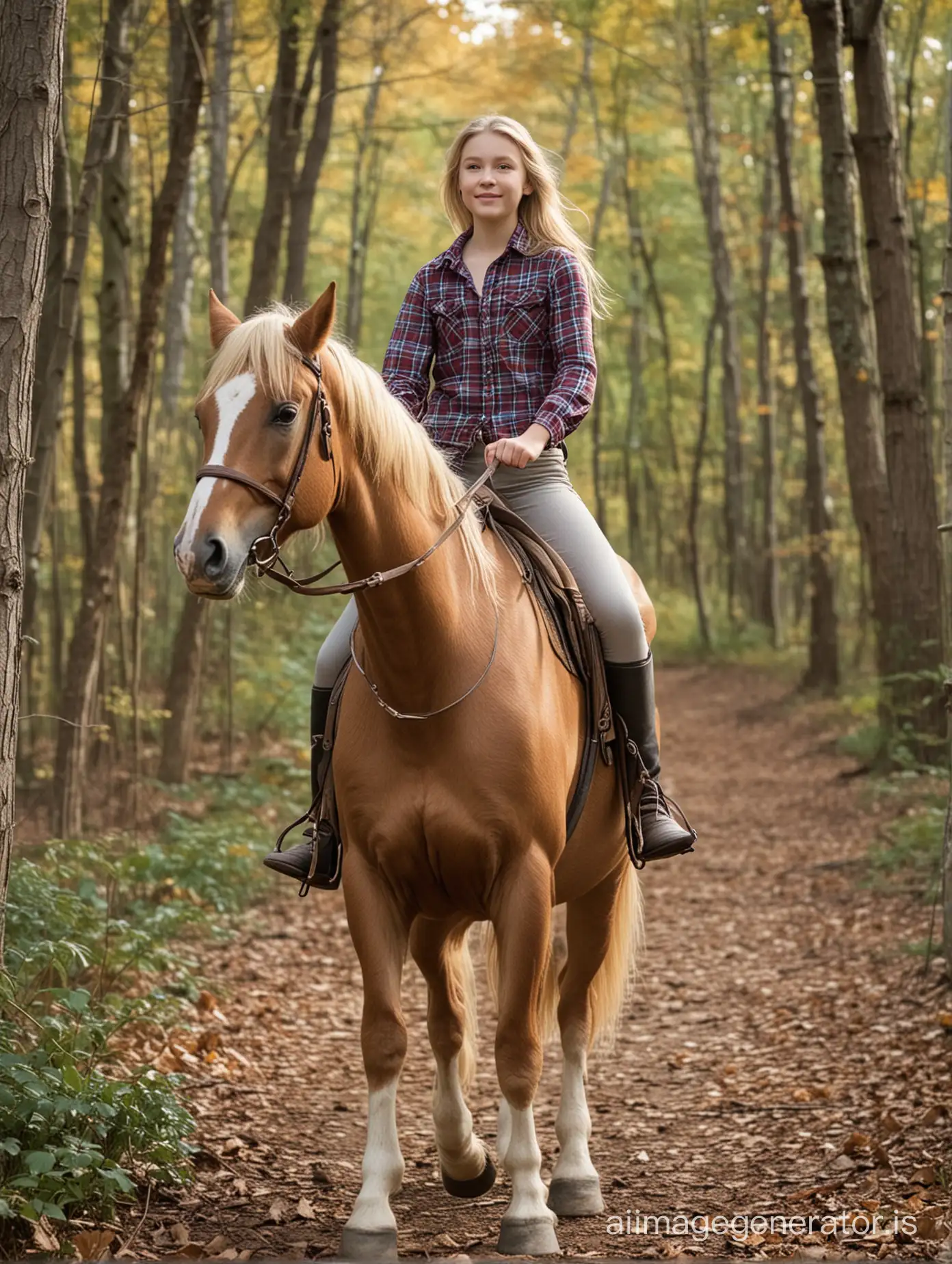 13 year old blonde country girl riding a horse in the woods, mythical woods
