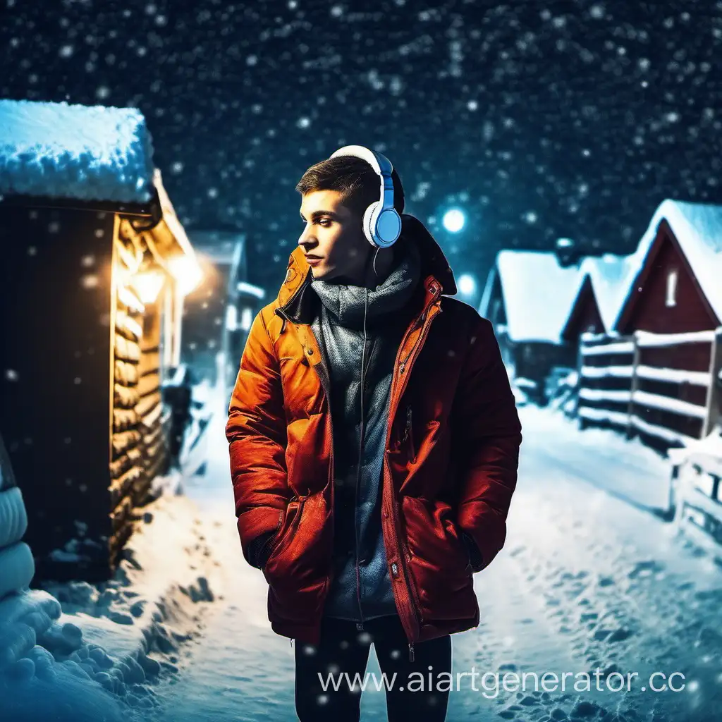 Winter-Serenity-Young-Man-in-Headphones-Amidst-Snowy-Village