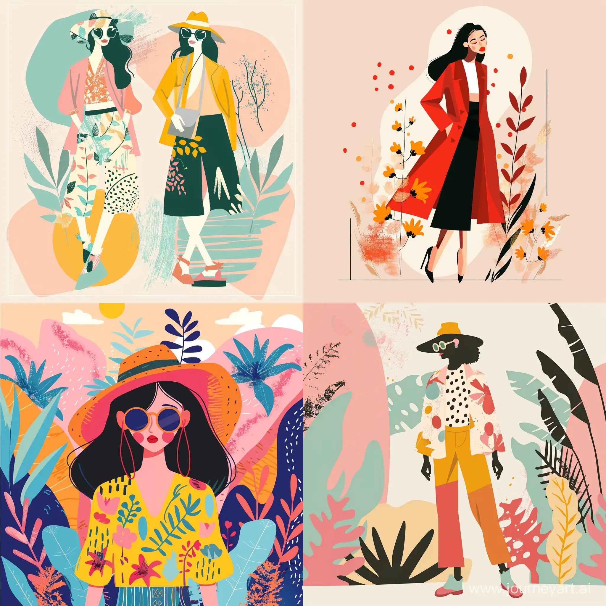 spring fashion illustration in the style of charming character illustrations, fashion illustration, abstract memphis, in vector, in flat style