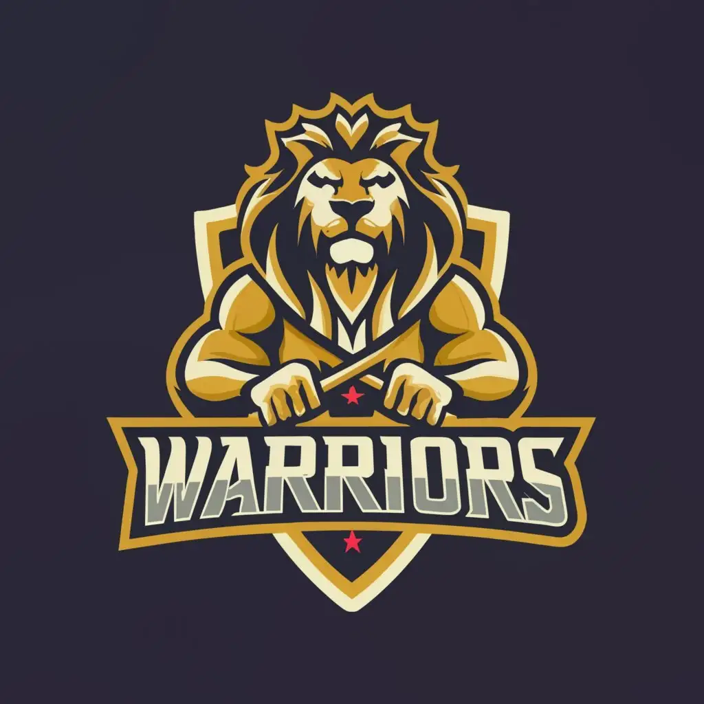 a logo design,with the text "Royal Warriors", main symbol:lion, warrior holding a cricket bat,Moderate,clear background