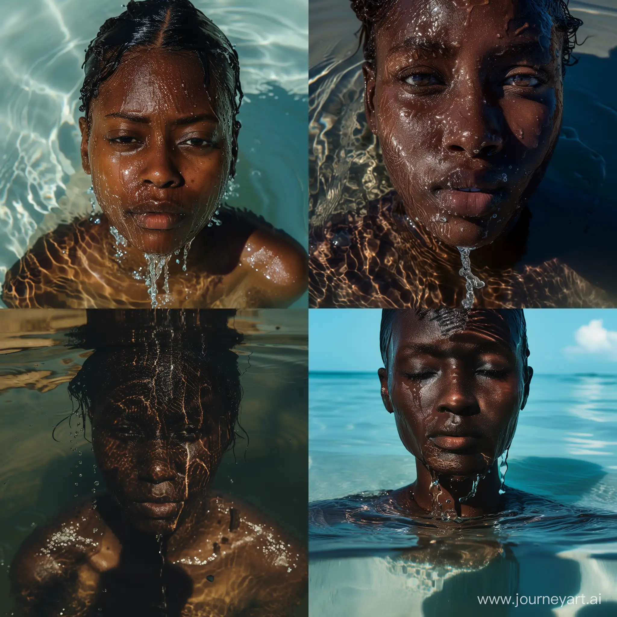 Serene-African-Woman-Emerging-from-Water-on-a-Sunny-Day