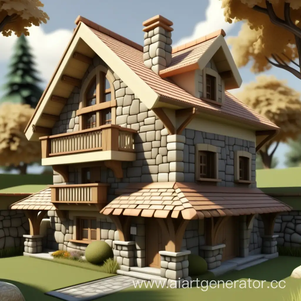 Spacious-Stone-and-Wood-Style-TwoStory-House-with-Lush-Lawn-for-4-Players