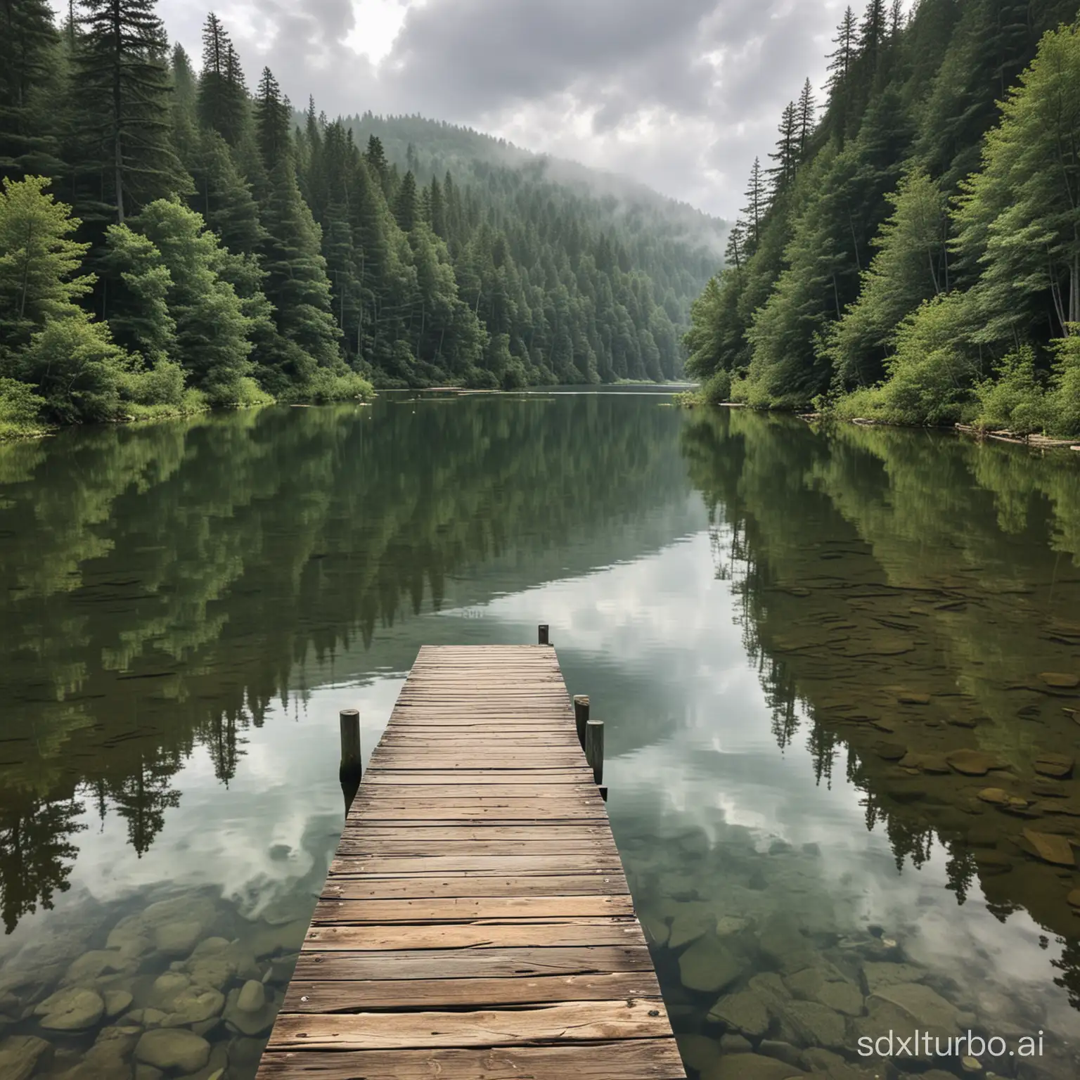 The image depicts a tranquil lakeside scene with a wooden dock extending into the calm water. The dock appears old and weathered, suggesting that it has been exposed to the elements for a considerable time. The surrounding landscape is lush and green, with a dense forest and mountains in the background. The sky is overcast, indicating a cloudy day. This serene setting is ideal for relaxation, reflection, or engaging in outdoor activities such as fishing, swimming, or simply enjoying the natural beauty of the area. However, visitors should be cautious of the weather conditions, the dock's stability, potential water hazards, and wildlife in the vicinity.