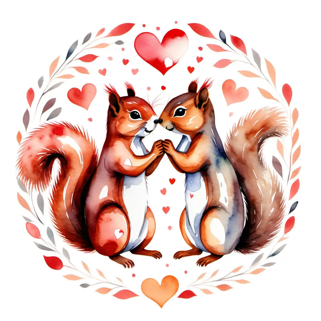 watercolor style, two squirrels touch noses with hearts around them on a white background.