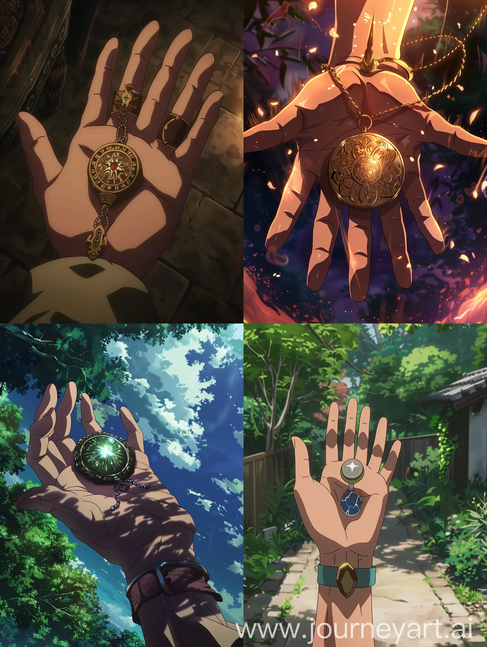 the amulet in the hand, anime style.