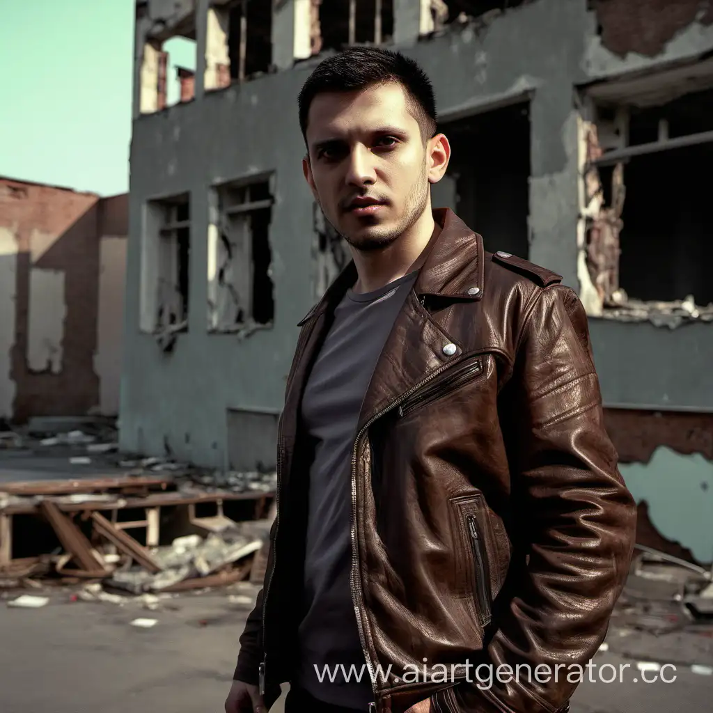 Мужчина европеоидной внешности в коричневой кожаной куртке на фоне разваленного здания 